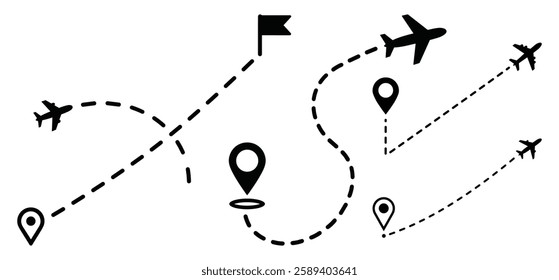 A Airplane line path vector icon of air plane flight route with start point and dash line trace Vector illustration with white background
