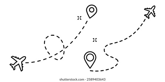 A Airplane line path vector icon of air plane flight route with start point and dash line trace Vector illustration with white background
