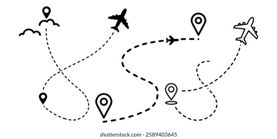 A Airplane line path vector icon of air plane flight route with start point and dash line trace Vector illustration with white background
