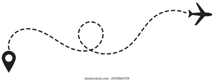 Airplane line path vector icon of air plane flight route with start point and dash line trace