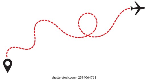 Airplane line path vector icon of air plane flight route with start point and dash line trace