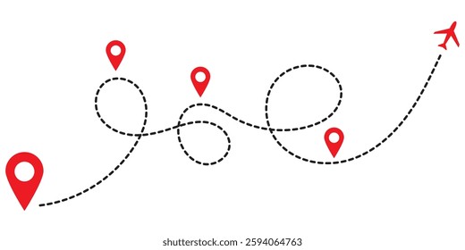 Airplane line path vector icon of air plane flight route with start point and dash line trace