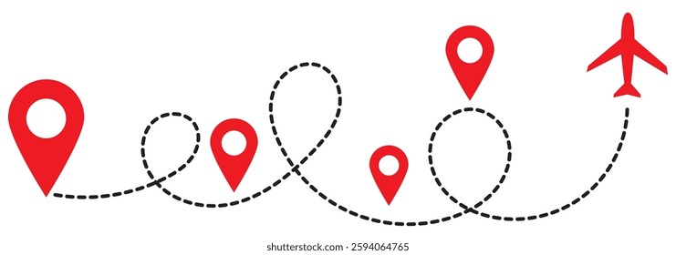 Airplane line path vector icon of air plane flight route with start point and dash line trace