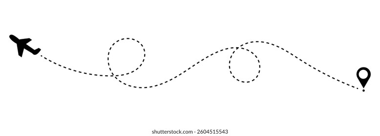 Airplane line path vector icon set of air plane flight route with start point and dash line trace. Various aircraft and destination location pins icons. Aircraft tracking, planes, travel, map . EPS 10