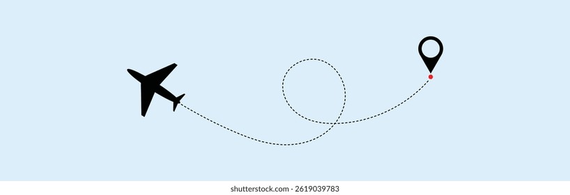 Airplane line path vector icon of air plane flight route. dashed trace path. transparent png and vector illustration.