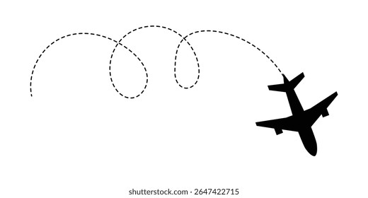 Ícone de vetor de trajetória de linha de avião da rota de voo de avião com ponto inicial e traço de linha tracejada. Amo a rota de viagem. Rotas de avião. Ícone do vetor de viagem no eps 10.