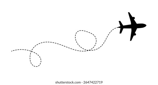 Ícone de vetor de trajetória de linha de avião da rota de voo de avião com ponto inicial e traço de linha tracejada. Amo a rota de viagem. Rotas de avião. Ícone do vetor de viagem no eps 10.