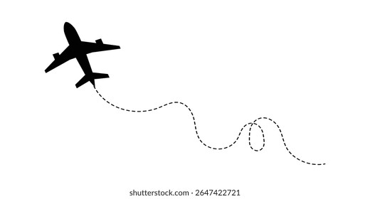 Ícone de vetor de trajetória de linha de avião da rota de voo de avião com ponto inicial e traço de linha tracejada. Amo a rota de viagem. Rotas de avião. Ícone do vetor de viagem no eps 10.