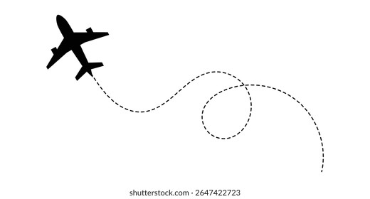 Ícone de vetor de trajetória de linha de avião da rota de voo de avião com ponto inicial e traço de linha tracejada. Amo a rota de viagem. Rotas de avião. Ícone do vetor de viagem no eps 10.