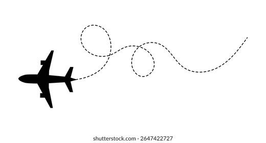 Ícone de vetor de trajetória de linha de avião da rota de voo de avião com ponto inicial e traço de linha tracejada. Amo a rota de viagem. Rotas de avião. Ícone do vetor de viagem no eps 10.