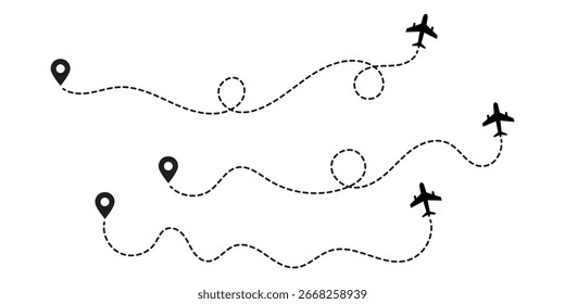 Icono de Vector de ruta de línea de avión de la ruta de vuelo de avión con punto de inicio y trazado de línea de salpicadero.  Ruta turística en avión. Pistas viajero líneas punteadas. eps 10