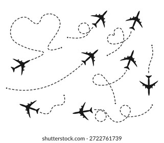 Conjunto de ícones vetoriais de trajetória da linha do avião. Rota de voo de avião aéreo com ponto inicial e traço de linha traço