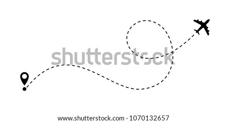 Airplane line path vector icon of air plane flight route with start point and dash line trace