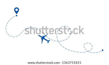 Airplane line path vector icon of air plane flight route with start point and dash line trace. Aircraft clip art icon with route path track blue on white. Airplane minimal vector illustration.