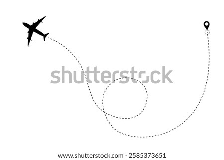Airplane line path vector icon showing a flight route with start point and dash line trace. Simple flat vector travel concept for aviation, tourism, or transportation projects.