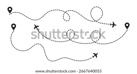 Airplane line path vector icon of air plane flight route with start point and dash line trace.  Tourist route by plane. Tracks traveler dotted lines. eps 10