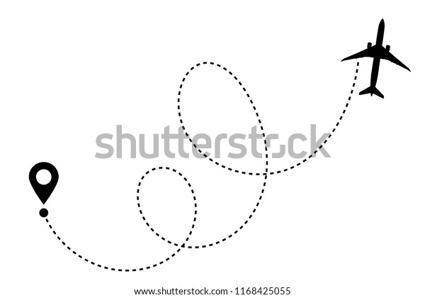 始点と破線のトレースを持つ航空機の飛行ルートの飛行機の線のパスのベクター画像アイコン 白黒のルートパストラックを持つ航空機のクリップアートアイコン 飛行機の最小ベクターイラスト のベクター画像素材 ロイヤリティフリー