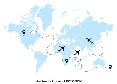 Airplane line path vector icons of air plane flight routes with start points and dash line traces. Aircraft clip art icon with route path track in blue black white. Airplane and world map vector.
