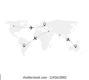 Airplane line path vector icons of air plane flight routes with start points and dash line traces. Aircraft clip art icon with route path track in blue black white. vector stock illustration.