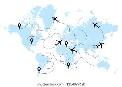 Airplane line path vector icons of air plane flight routes with start points and dash line traces. Aircraft clip art icon with route path track in blue black white. Airplane and world map vector.