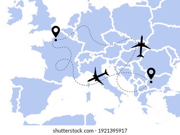 Airplane line path vector icons of air plane flight routes with start points and dash line traces. Aircraft clip art icon with route path track in blue black white. Airplane Europe map vector.