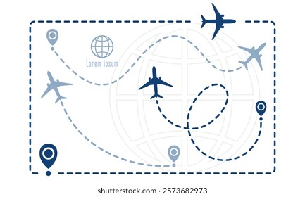 Airplane line path vector icons set. Collection of air plane flight route with start point and dash line trace. Traveling the world, air travel, trip abroad on vacation, cruises and tours concept