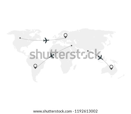 Airplane line path vector icons of air plane flight routes with start points and dash line traces. Aircraft clip art icon with route path track in blue black white. vector stock illustration.