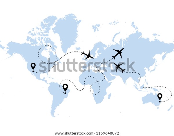 始点とダッシュライントレースを持つ航空機の飛行経路の飛行機のパスのベクター画像アイコン ルートパストラックが青の黒い白の背景にある航空機のクリップアートアイコン 飛行機とワールドマップのベクター画像 のベクター画像素材 ロイヤリティフリー