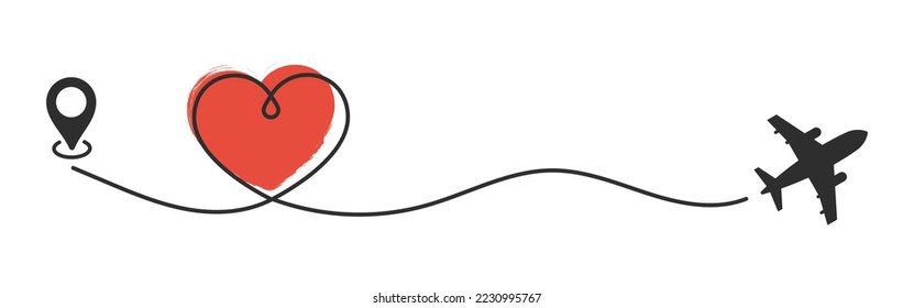 Ilustración vectorial de la trayectoria de la línea del avión. Icono de vector de viaje de amor. Plano de seguimiento en forma de corazón aislado en fondo blanco.	