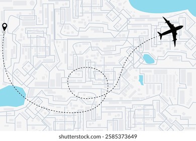 Airplane line path vector illustration showing a flight route with start point and dashed line trace over a city map. Flat vector travel concept for aviation, tourism, or transportation projects.