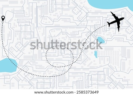 Airplane line path vector illustration showing a flight route with start point and dashed line trace over a city map. Flat vector travel concept for aviation, tourism, or transportation projects.