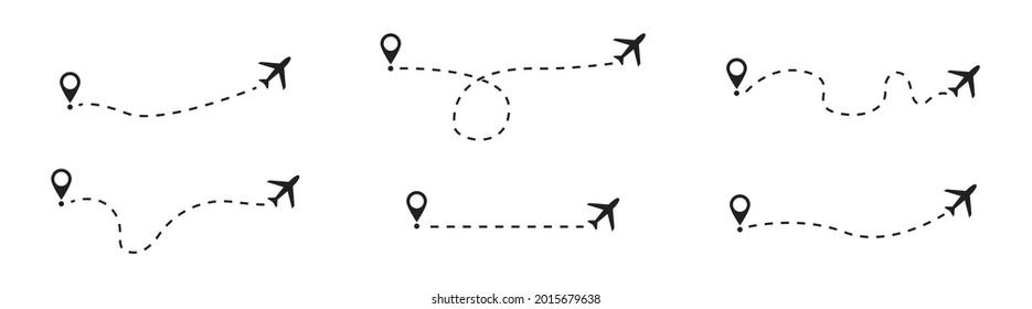 Airplane line path. Vector isolated illustration. Travel line icon set. Aeroplane path icons collection. EPS 10.