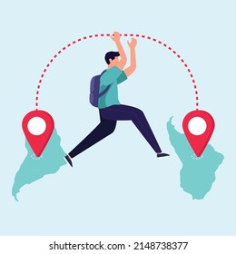 Airplane line path. Young boy use route with start point and dash line trace to travel. Flat vector illustration isolated on blue background.