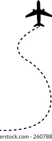 Airplane line paths icon. Aircraft tracking planes, travel, map pins, location pins vector isolated on transparent background. Romantic travel, heart dashed line trace and plane routes.