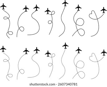 Airplane line paths icon set. Aircraft tracking planes, travel, map pins, location pins vector collection isolated on transparent background. Romantic travel, heart dashed line trace and plane routes.