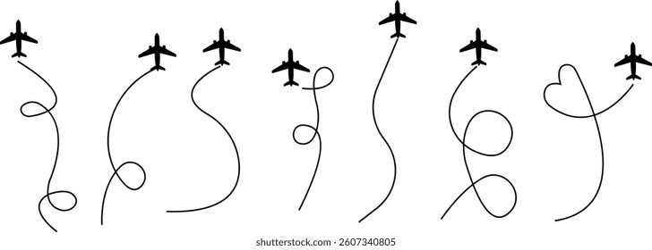 Airplane line paths icon set. Aircraft tracking planes, travel, map pins, location pins vector collection isolated on transparent background. Romantic travel, heart dashed line trace and plane routes.