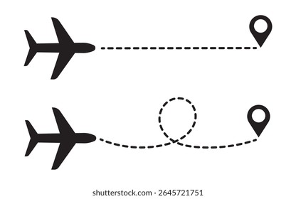 Conjunto de ícones dos caminhos de linha do avião. Avião com rota de linha pontilhada. rota de voo de avião com ponto inicial e traço de linha pontilhada traço. ponto de corrida para terminar isolado no fundo branco.