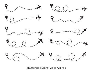 Conjunto de ícones dos caminhos de linha do avião. Avião com rota de linha pontilhada. rota de voo de avião com ponto inicial e traço de linha pontilhada traço. ponto de corrida para terminar isolado no fundo branco.