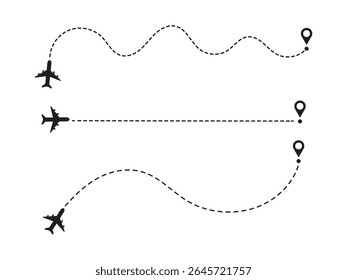 Airplane line paths icon set. Airplane with dotted line route. air plane flight route with start point and dash dotted line trace. race point to finish isolated on white background.