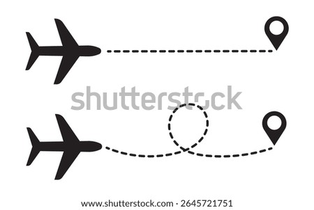 Airplane line paths icon set. Airplane with dotted line route. air plane flight route with start point and dash dotted line trace. race point to finish isolated on white background.
