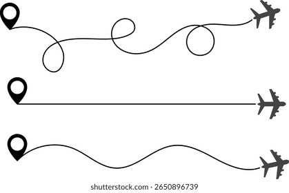 Airplane line route. air plane route line route with location pin. airplane icon set. plane symbol. map symbol
