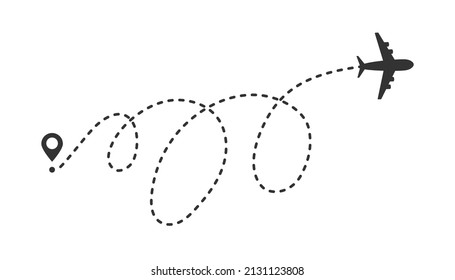 Airplane line route vector icon. Air plane flight route with start point and dashed line trace isolated on white background