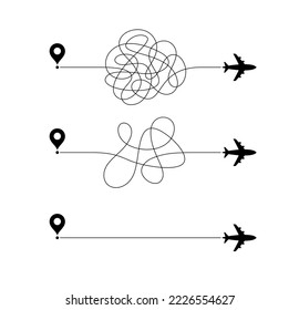 Rutas de línea de avión. Ruta para un viaje en avión. itinerario de viaje desde el punto de partida. Ruta complicada del avión. Seguimiento de la línea del avión. Ilustración para aplicación web y móvil. Icono de ruta de plano. Vector