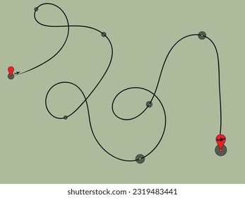 Airplane line routes. Path for a flight trip. Travel itinerary from start point. Plane complicated route. Airplane line trace.