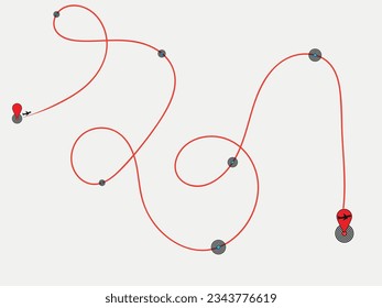 Airplane line routes. Path for a flight trip. Travel itinerary from start point. Plane complicated route. Airplane line trace.	