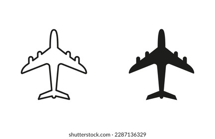 Airplane Line and Silhouette Black Icon Set. Aviation Jet, Air Plane Pictogram. Travel Tourism by Aircraft Outline and Solid Symbol Collection on White Background. Isolated Vector Illustration.