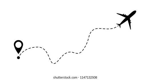 Airplane line vector icon of air plane flight route with start point and line trace .