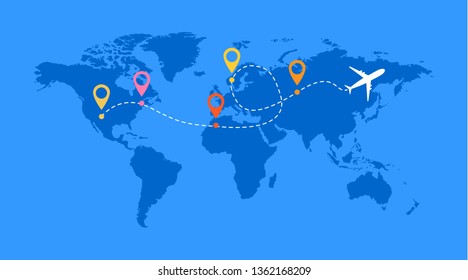 Airplane line vector icon of air plane flight route with start point and line trace .