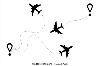 Airplane line vector icon of air plane path flight route with start point and dash line trace