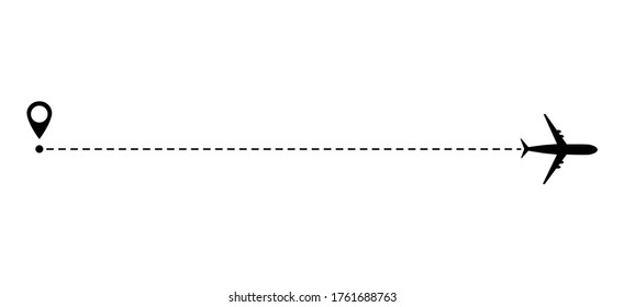 Airplane line vector icon of air plane straight flight route with start point and line trace isolated on white background